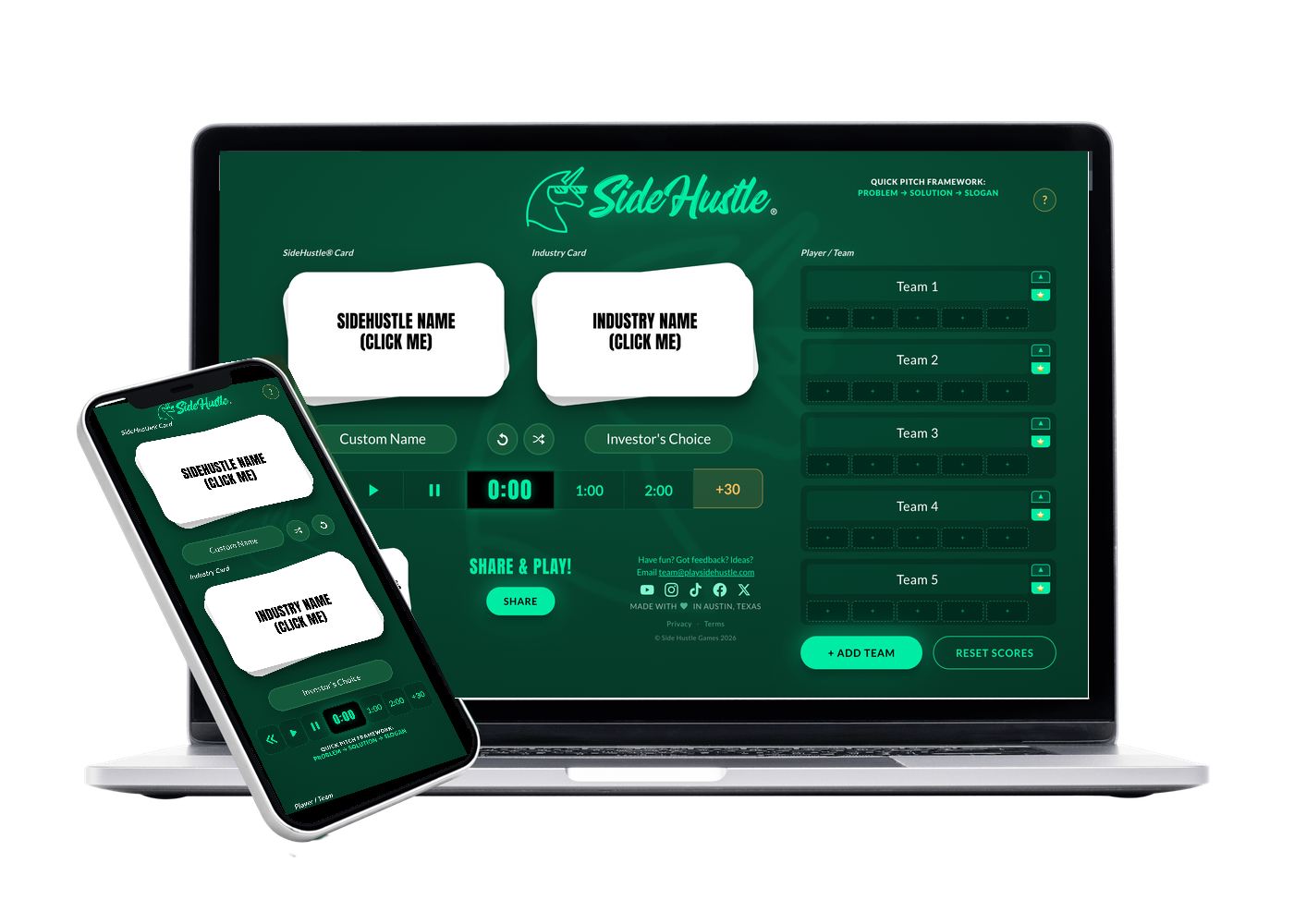 The SideHustle® game on a MacBook and an iPhone — play free on desktop or mobile